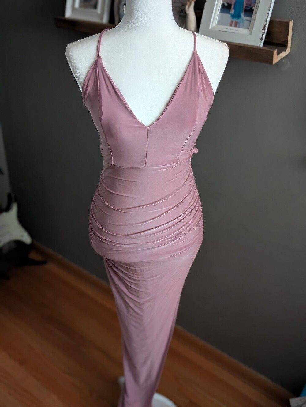 Windsor Curves Ahead Ruched Maxi Dress Dusty Rose Mauve Open Back Size XS